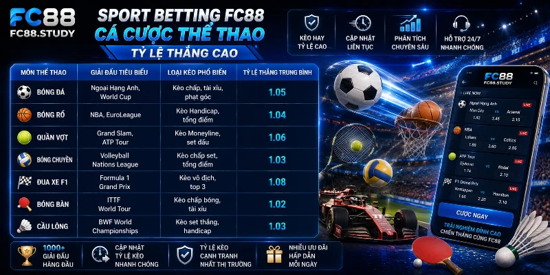 Cá cược thể thao với tỷ lệ kèo hấp dẫn trên FC88
